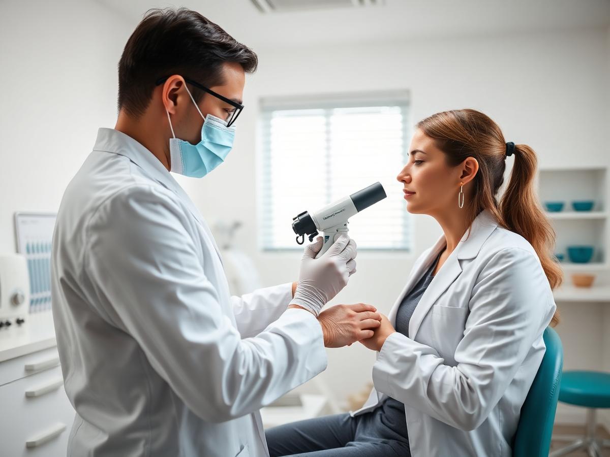 Dermatologist examining a patient's skin during a skin check